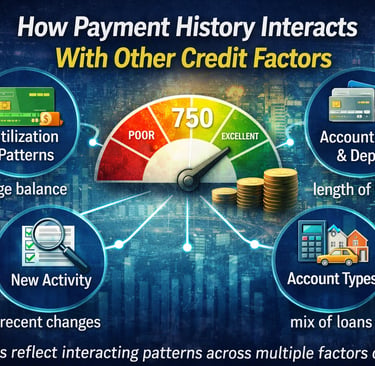 Infographic showing how payment history interacts with other credit factors like utilization, accoun