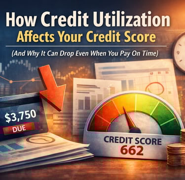 How credit utilization affects your credit score with high credit card balance, credit score gauge,