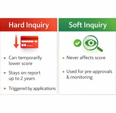 Comparison chart explaining the difference between hard inquiries and soft inquiries on credit repor