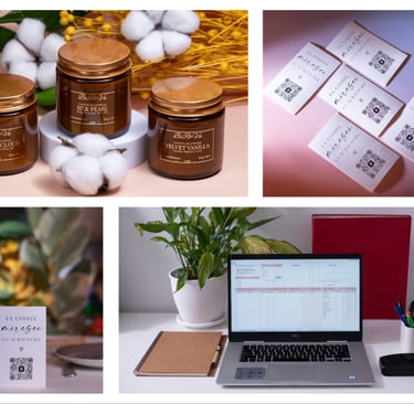 Scented amber candle jars, elegant wedding favor cards with QR codes, and a wedding planning laptop setup.