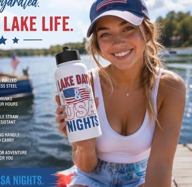 Lake Days and USA Nights Stainless Steel Water Bottle with Straw Lid,Alex Sylvestre Shop