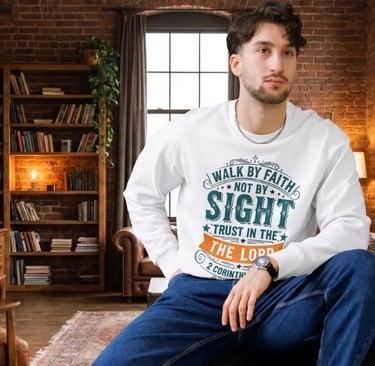 Walk by Faith Not by Sight Christian Sweatshirt – 2 Corinthians 5:7 Faith-Based Crewneck for Men & W