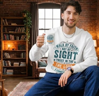 Walk by Faith Not by Sight Christian Sweatshirt and mug– 2 Corinthians 5:7 Faith-Based Crewneck for