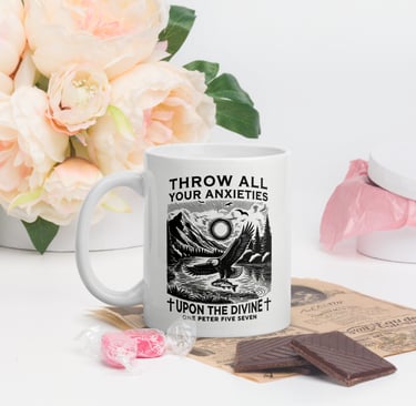 Throw Your Anxieties Upon the Divine White Glossy Mug,Asylvestre Shop
