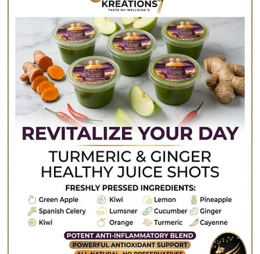 Cooper's Kreations turmeric and ginger healthy juice shots with fresh green apple and spices.
