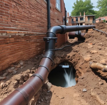 Worker urgently unclogging a blocked drain with professional tools at night.