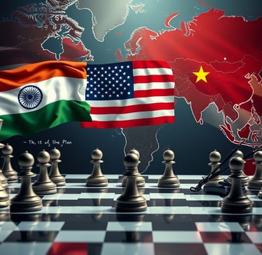 India and USA flags over a chess board representing global geopolitics and strategic foreign policy.