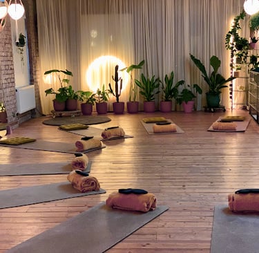 Atmospheric  room with mats and towels on the floor