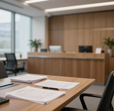 Minimalist office reception area with soft lighting and a sleek appointment book on the desk