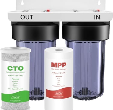 Filtro de agua doméstico de doble etapa con cartuchos de sedimentos y carbón activo