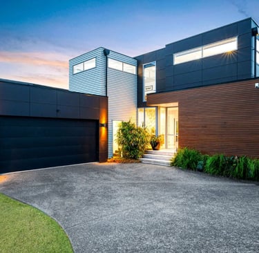 new Modern two storey home, cedar weather board, timber weatherboard, titan panel