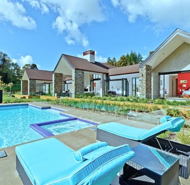 new countryside resort style pavilion home, natural stone, cedar weatherboards, asphalt shingle