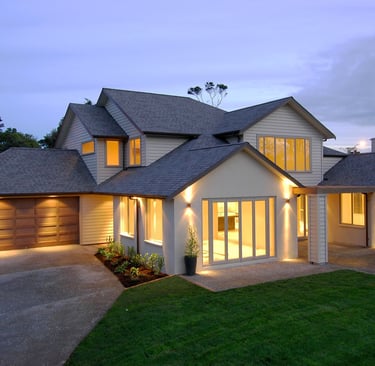 comtempary style plastered brick and timber weather board home, asphalt shingles