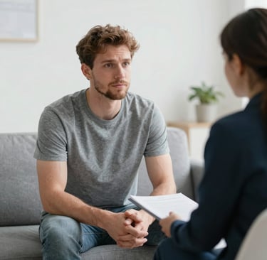 A young man listening intently during a professional counseling session or job interview.