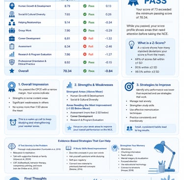 Educational infographic explaining how to interpret Counselor Preparation Comprehensive Examination (CPCE) results with