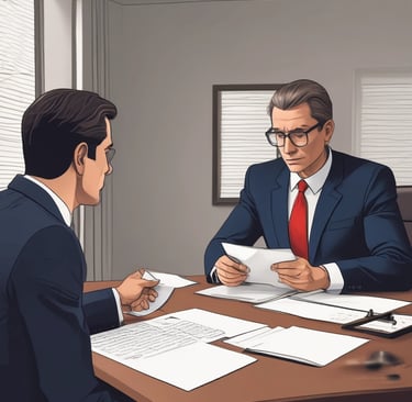 A lawyer consulting with a client over consumer rights documents in a cozy office in Buenos Aires.