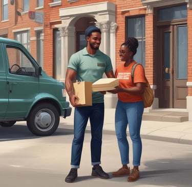 A joyful delivery person handing over a parcel to a happy customer at their doorstep.