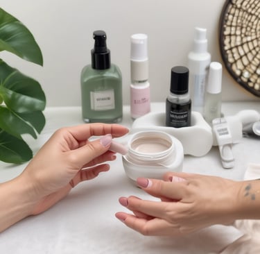 A serene home spa setup with candles, soft towels, and natural skincare products arranged on a wooden tray.