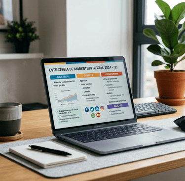 Escritorio calído y limpio con una laptop y una tasa de cafe, en la pantalla un plan de marketing