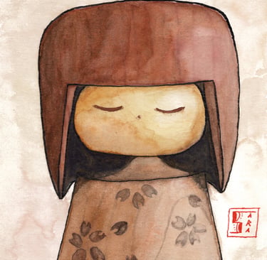 Watercolor illustration of a traditional Japanese kokeshi doll with brown hair and floral kimono.