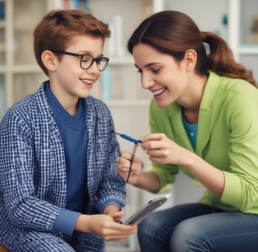 Boy in doctor's coat listens to mother's chest