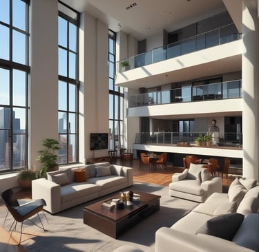 Cozy downtown apartment with city skyline views at sunset.