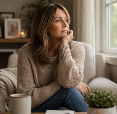 Family caregiver sitting alone in reflection after setting a difficult boundary with aging parent