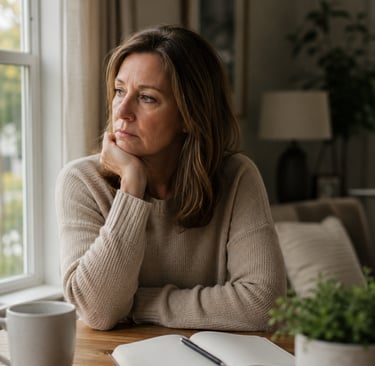 Adult daughter sitting quietly after a difficult family discussion about an aging parent.