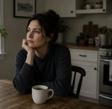 A pensive woman sitting in a kitchen with a cup of coffee looking out the window.