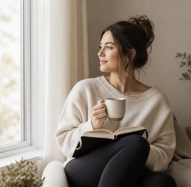 I need an image of woman sitting calmly with coffee or journal, soft natural light (window, morning 