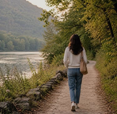 A woman walks along a path as she contemplating how she has lost herself in caressing