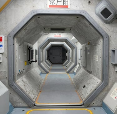 A sleek, metallic corridor inside an industrial facility with dim, cold lighting.