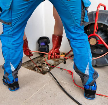 Plumber operating drain cleaning machine to remove blockage and restore flow