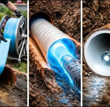 No-dig pipe relining process showing liner installation and restored pipe interior without excavatio