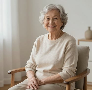 Smiling elderly woman doing gentle stretching exercises in a bright, airy room.