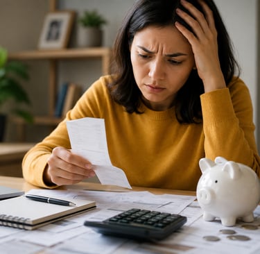 A stressed woman reviews bills and a receipt at her desk with a calculator and piggy bank.