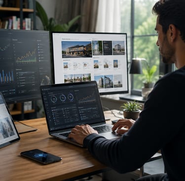 -A modern entrepreneur working on a laptop with multiple website designs and AI tools visible on scr