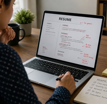 person reviewing resume mistakes on laptop