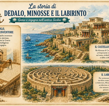 la leggenda di Dedalo che arriva volando in sicilia alla corte del Re Kokalos alla Valle dei Templi
