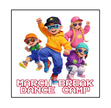 Cartoon kids in streetwear dancing for a March Break Hip Hop Dance Camp flyer with pixel art text.