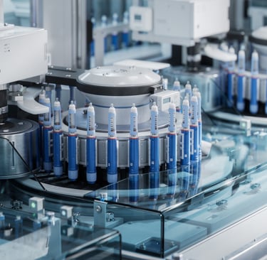 Insulin injection medical devices during assembly and manufacturing process.