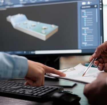 Engineers discuss design of mechanical component in front of CAD image of component.