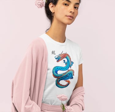 Woman wearing a white trendy t-shirt featuring a blue and orange Japanese dragon graphic.