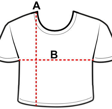 T-shirt size guide diagram showing horizontal chest width and vertical length measurement lines.