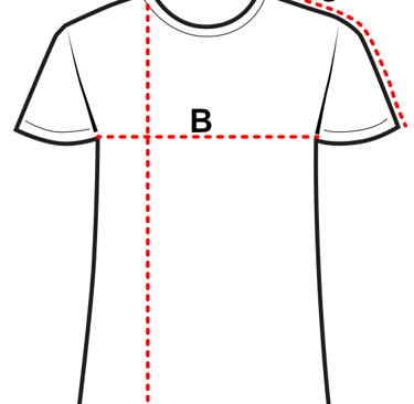 T-shirt size guide diagram showing length, chest, and sleeve measurements with red dashed lines.