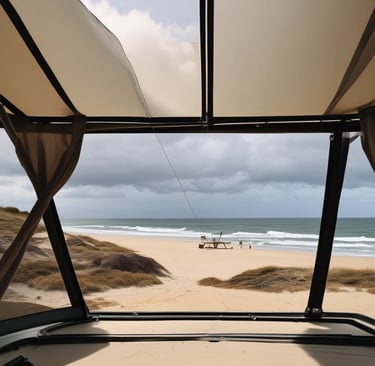 A compact camper fridge and water tank setup inside a cozy camping spot.