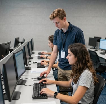 A male instructor assists a student working on a computer in a modern university IT lab.