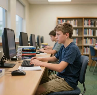 A young student uses a computer for research in a school library with books and bookshelves nearby.