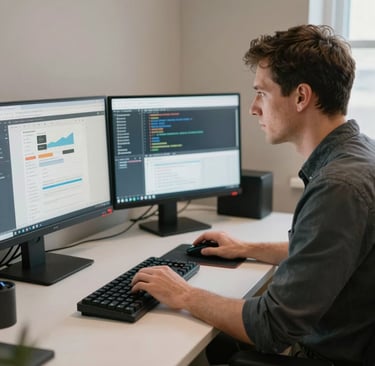 A male software developer coding on dual monitors at a modern white desk setup.