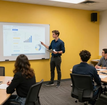 Young professional man presenting data analytics on a digital whiteboard to colleagues in a modern office.